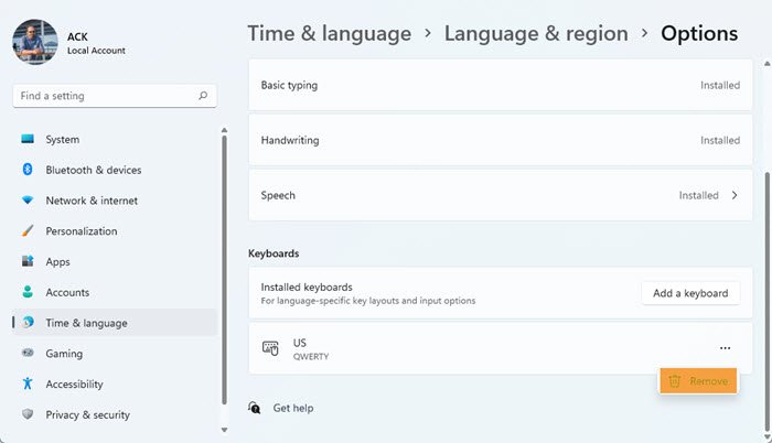 remove keyboard layout windows 11