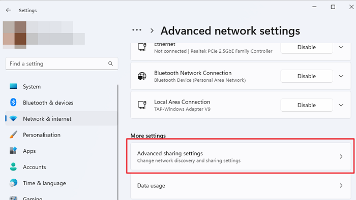 Advanced sharing settings Windows