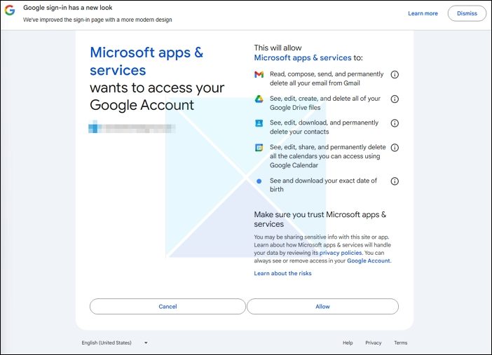Allow Google Services to Microsoft Apps Services
