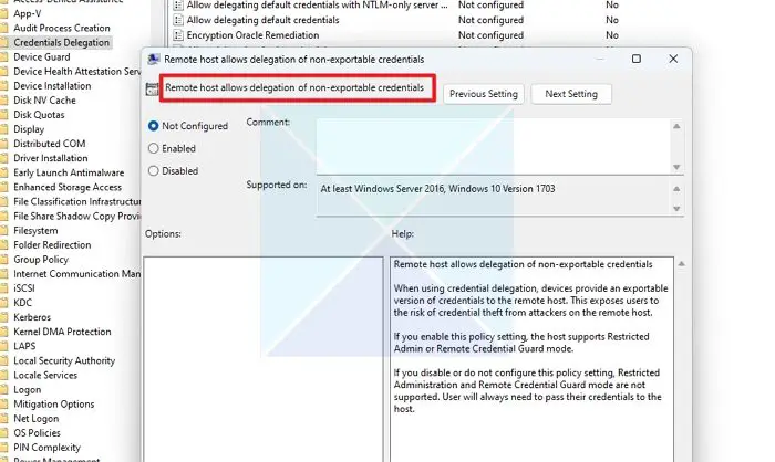 Change Remote Host allows delegration Group Policy