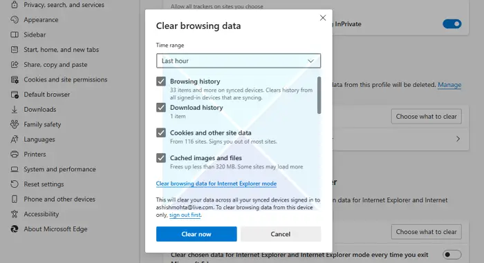 Choose What to Clear from browsing Data
