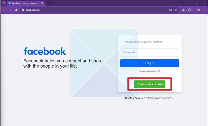 Create New Account Facebook Button