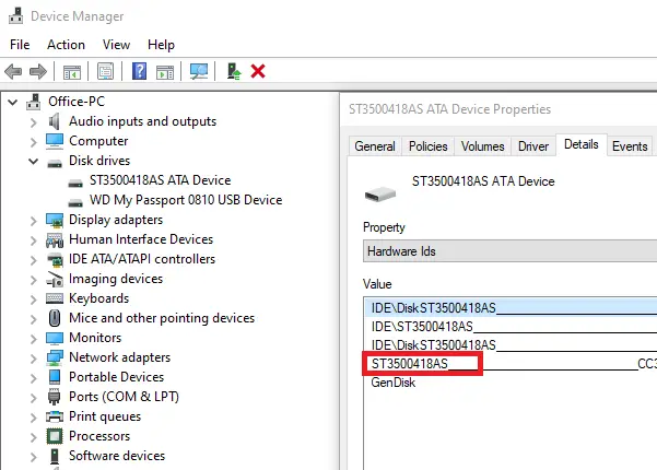 Device Manager Hard Disk Details