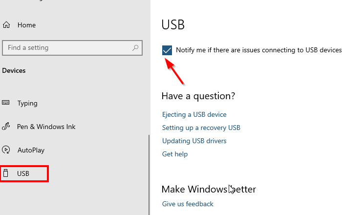 Disable USB issues Notifications Windows 10