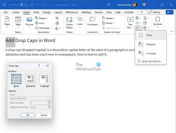Dropcap Option Microsoft Word