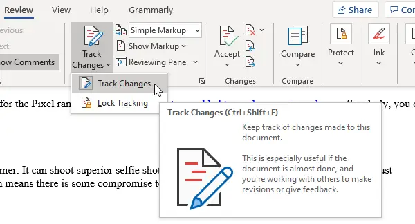 Review Feature to track changes in Word documents