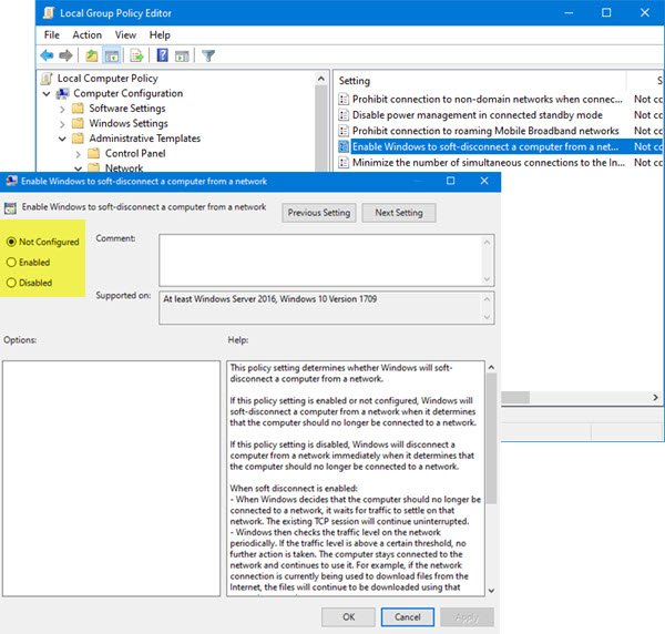 Enable Windows to Soft Disconnect a computer from a Network