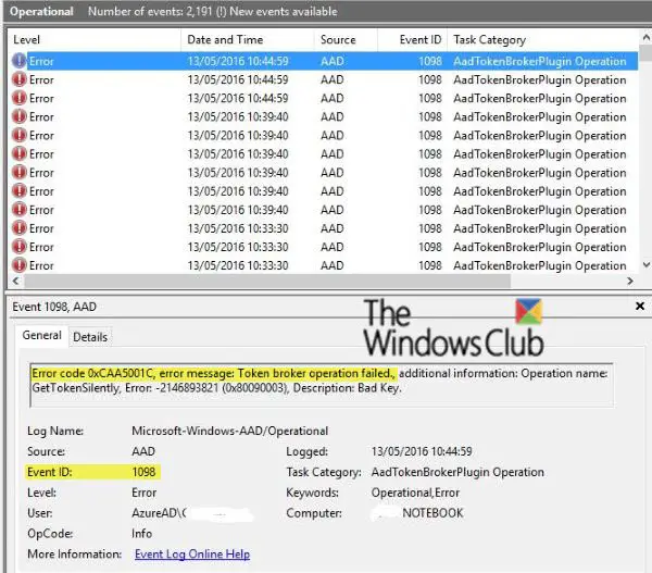 Event 1098: Error: 0xCAA5001C Token broker operation failed