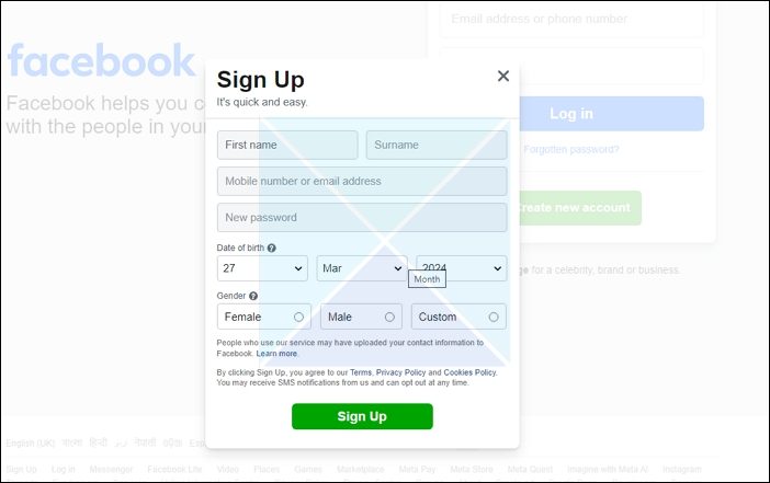 Facebook Signup Page