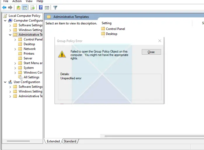 Failed to open the Group Policy Object on this computer