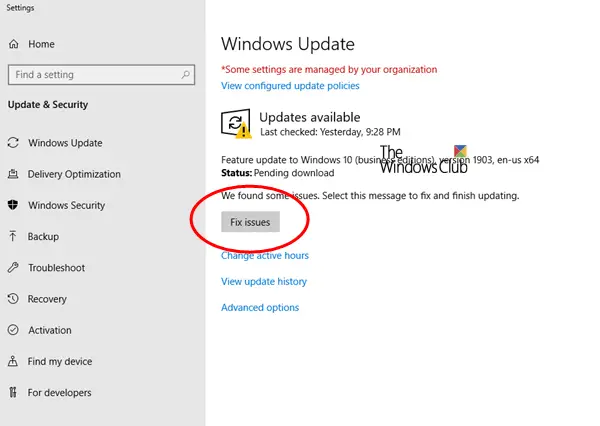 Fix issues button on the Windows Update page
