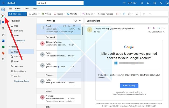 Gmail Inbox in Outlook Web