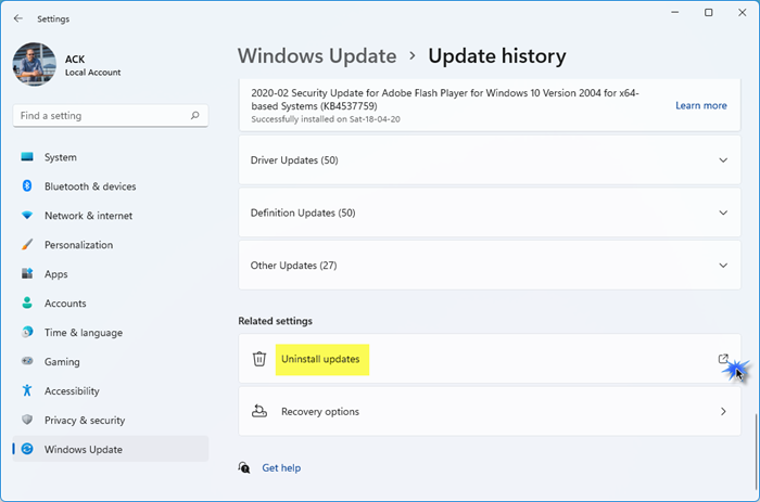 Uninstall Windows Updates in Windows 11