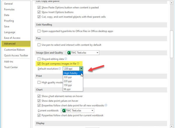 How to disable image compression in Office 365 apps