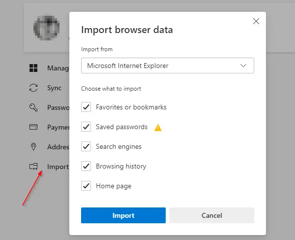 Import Favorites Passwords from Previous Browser in Edge