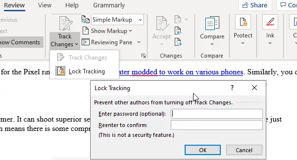 Lock Track Changes Feature Microsoft Word