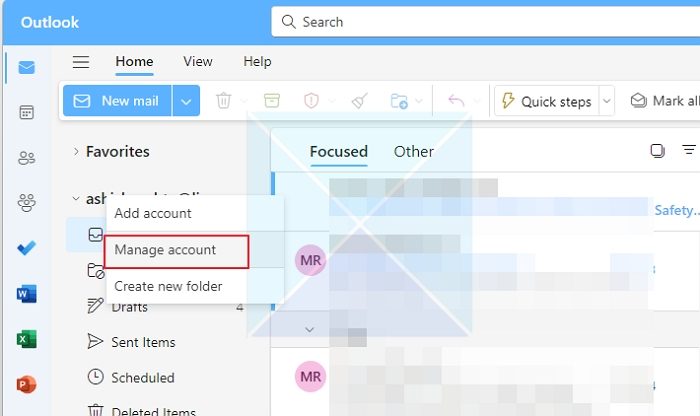 Manage Account Context Menu Mail App