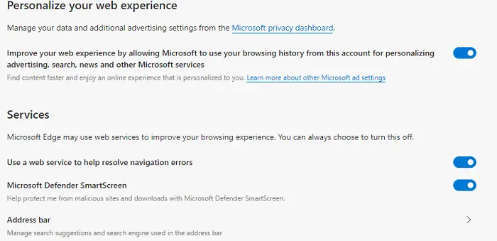 Microsoft Edge Personalize Web Experience Services