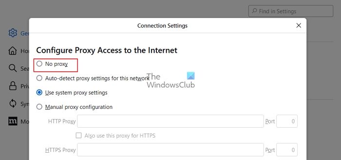 No proxy Firefox Network Settings