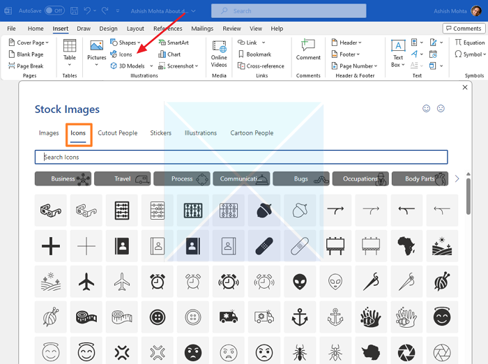 Open Icons Menu in Microsoft Word