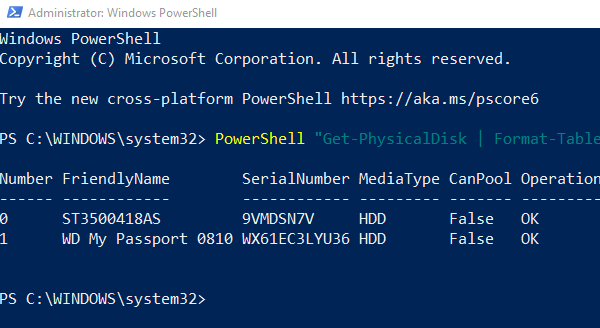 Powershell Command Media Type Storage