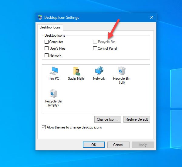 Recycle Bin is greyed out in Desktop Icon Settings window