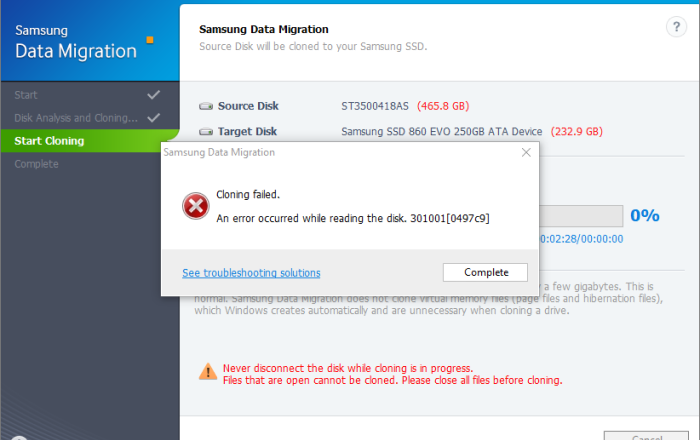Cloning Failed error reading disk