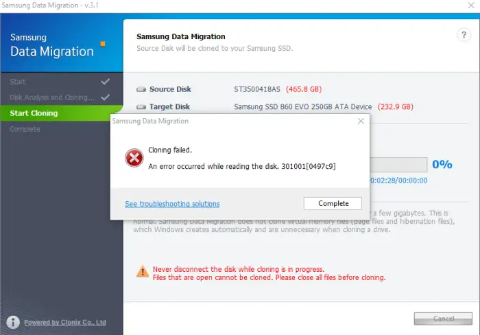Cloning Failed error reading disk