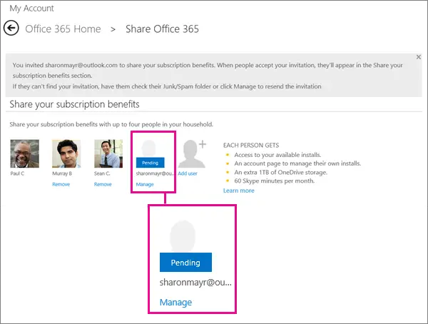 Share Office 365 Home subscription benefits