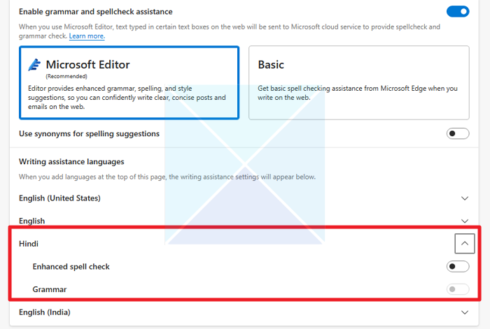 Toggle Spellcheck for Language Microsoft Edge