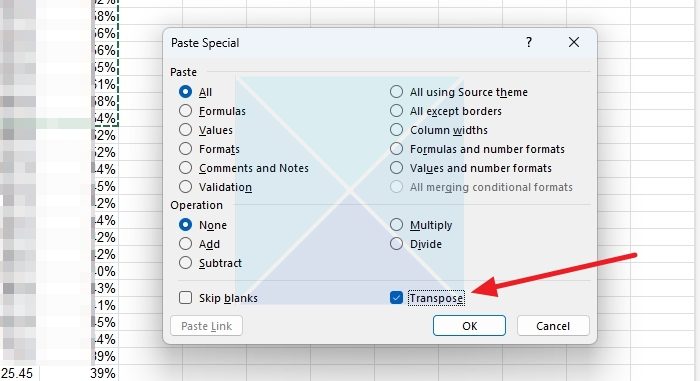 Transpose Option in Microsoft Excel