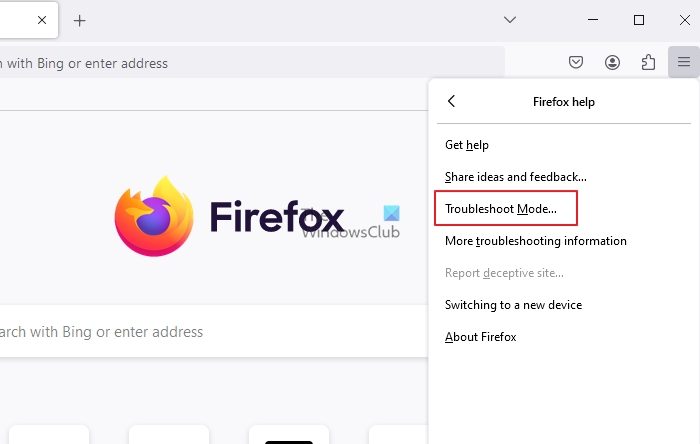 Troubleshoot Mode Firefox menu