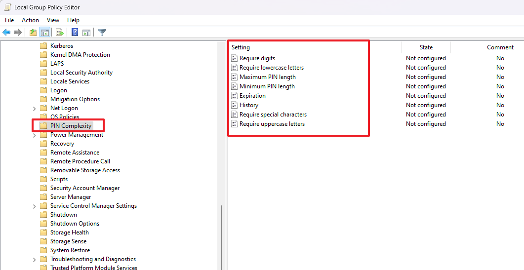 Windows PIN complexity settings