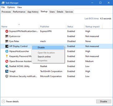 Disable Hp Display Control Service from Startup