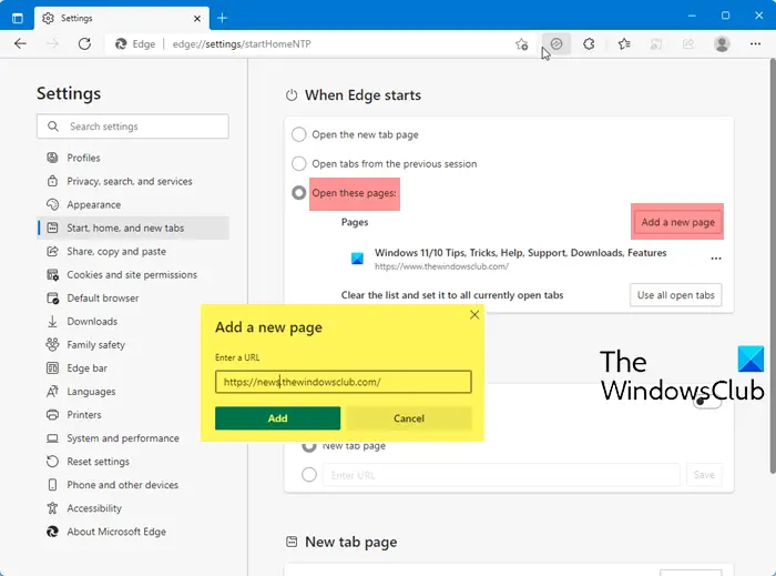 set a single or multiple homepages in Edge browser