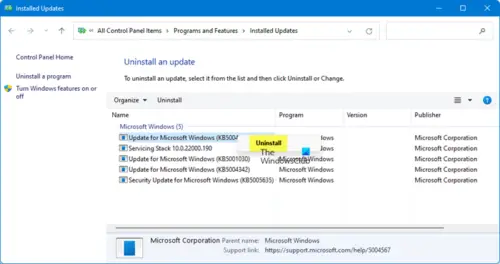 Uninstall Windows update