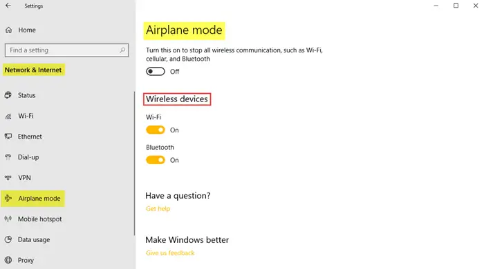 Network and Internet Settings in Windows 10