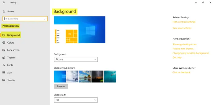 Personalization Settings in Windows 10