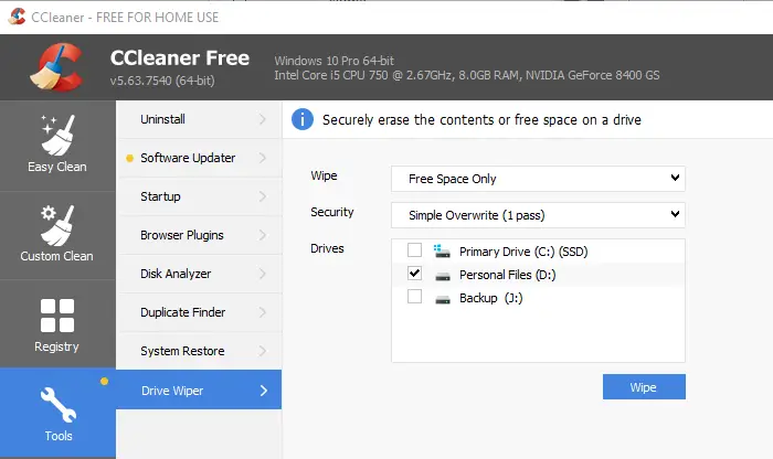 CCleaner Wiipe Free Space Drive