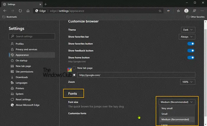 How to change Default Font Size and Style in Microsoft Edge browser