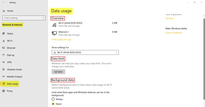 Network and Internet Settings in Windows 10