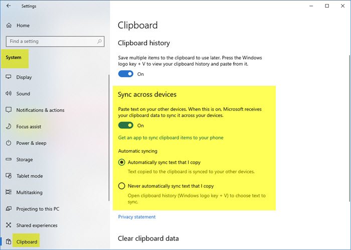 Disable Clipboard Sync across Windows 10 devices