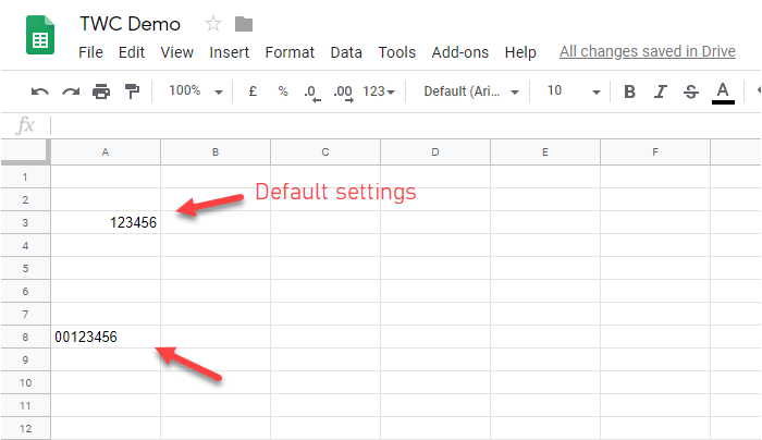 Enter zero before a number in Google Sheets and Excel