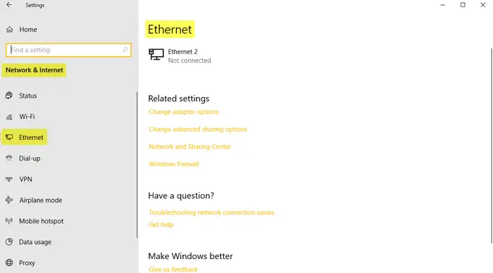 Network and Internet Settings in Windows 10