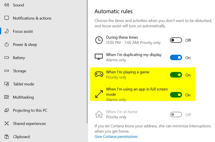 Enable full-screen notifications in Windows 10