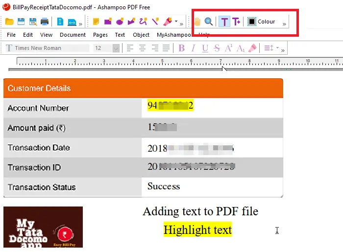 Highlighted text add text Ashampoo PDF