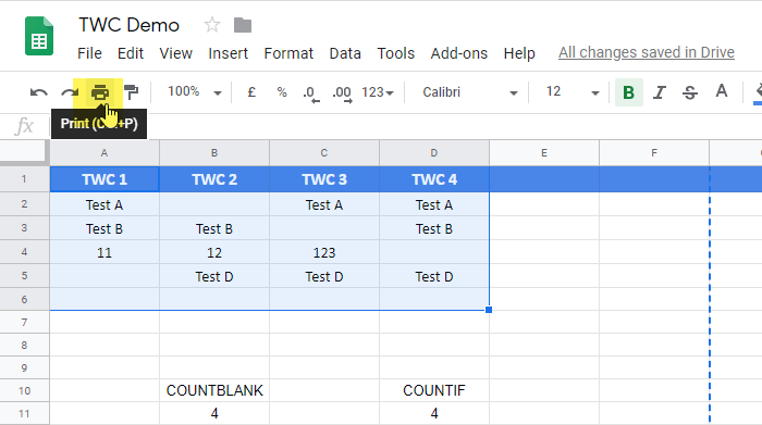 How to print selected cells in Google Sheets and Excel