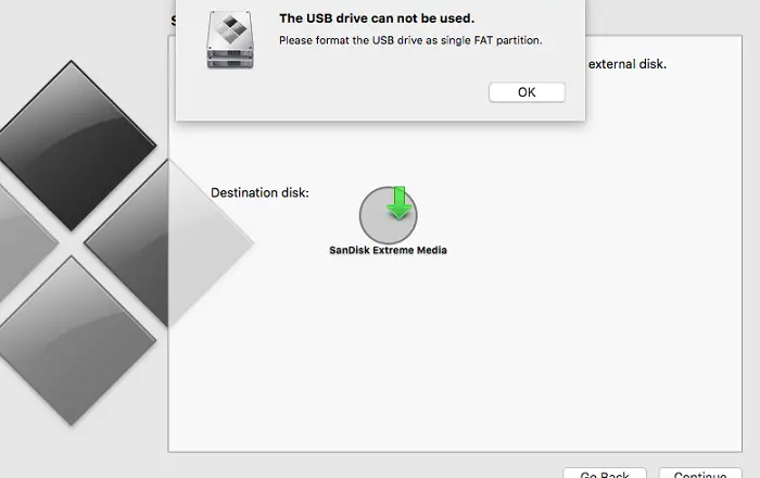 Please format the USB drive as single FAT partition: Boot Camp Assistant