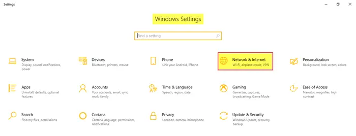 Network and Internet Settings in Windows 10