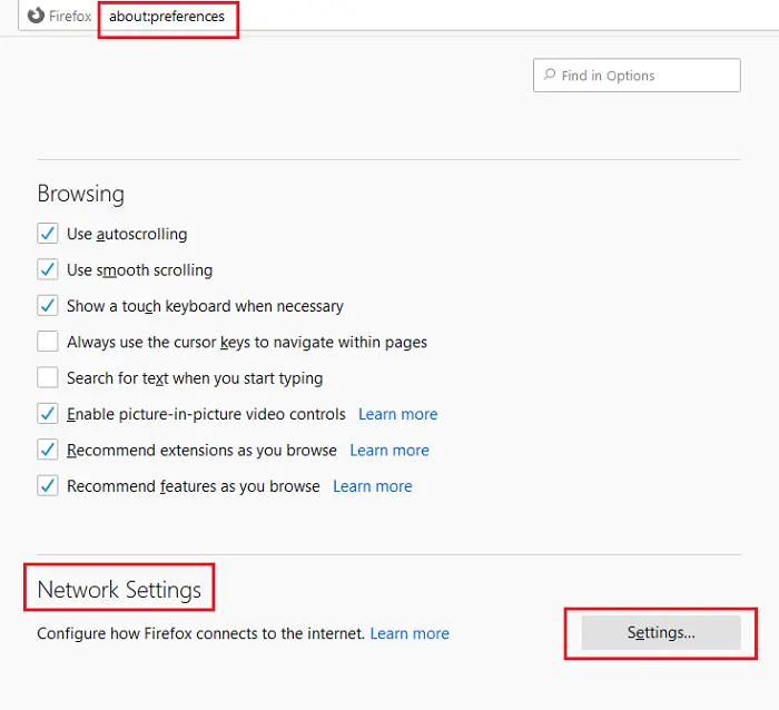 Network settings in Firefox